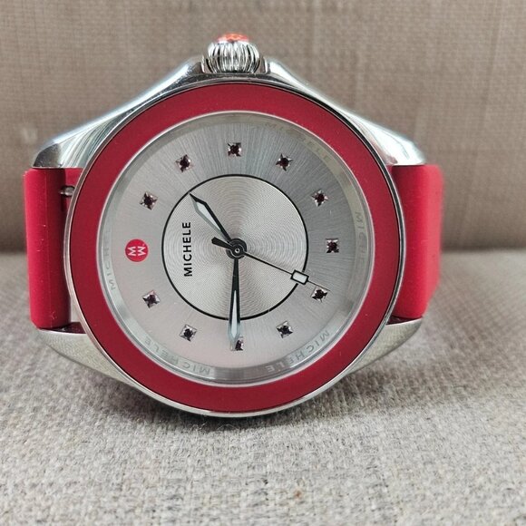 Michele Ladies Wristwatch Red Rubber Strap Analog Quartz 11 GEM Stones Watch - Picture 4 of 12